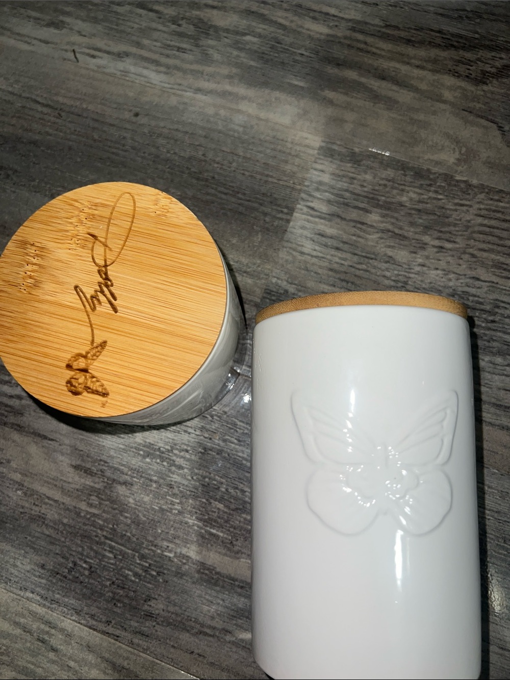 Dolly Parton - 2 WhiteCeramic Butterfly Canister with Bamboo Lid - Home Accents